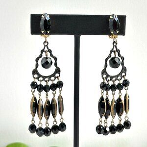 Vintage Black Glass Dangle Earrings, Clip-On 1950s